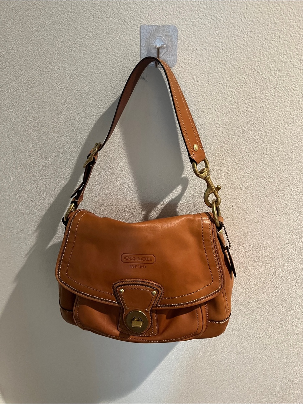Coach Tan Leather Shoulder Bag with Gold Tone Hardware
